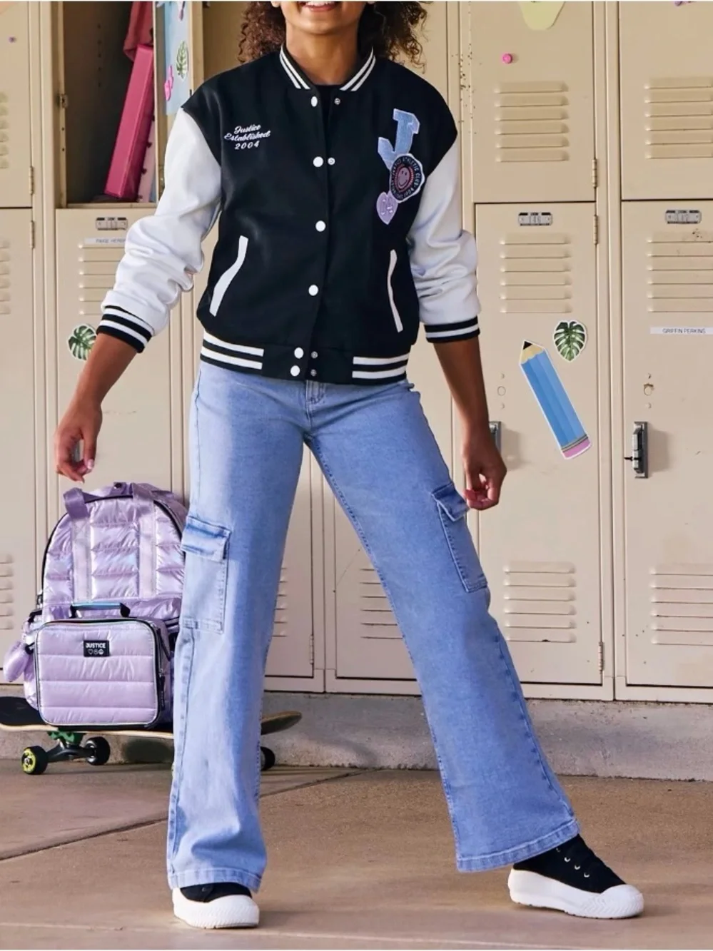 NWT - Justice Black and White Letterman Bomber Jacket with Patches